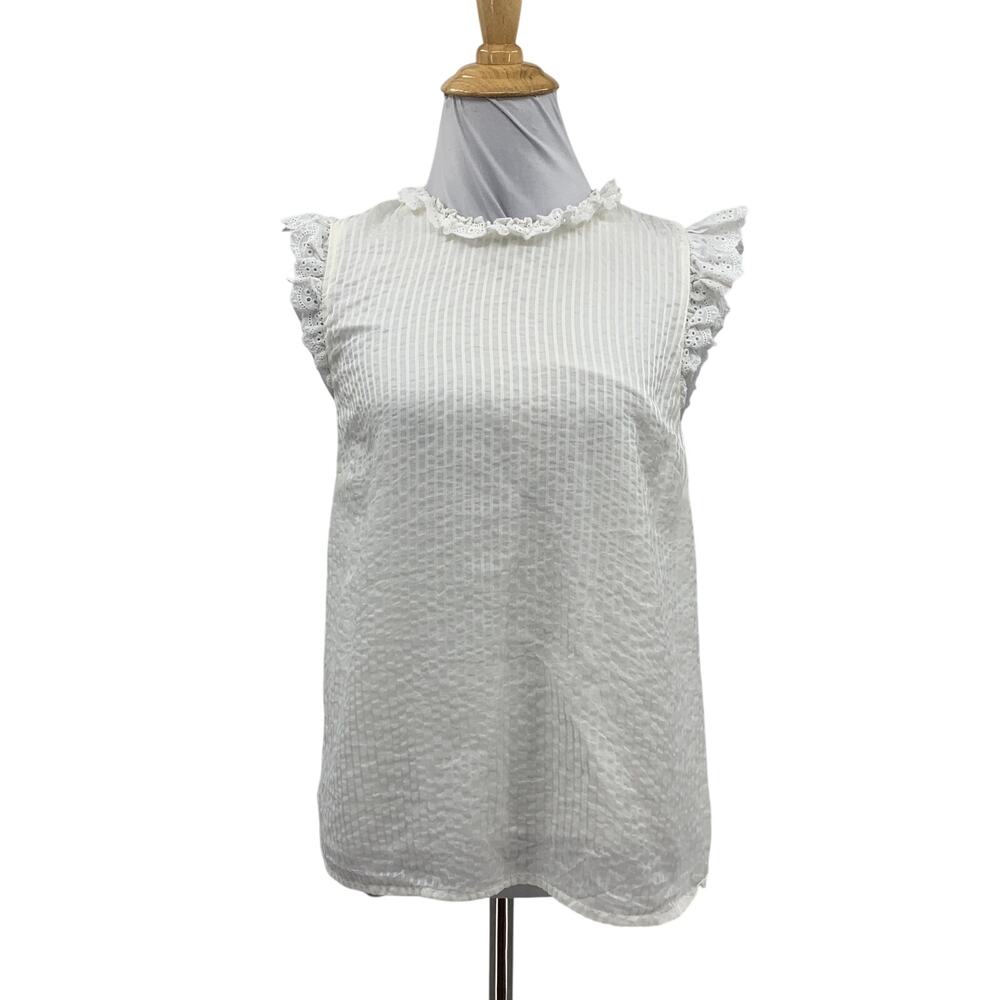 Cami NYY Top Womens S Small Ivory Flutter Sleeves Eyelets Trim Seersucker Lined